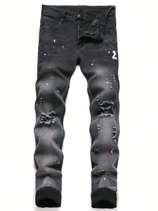 Jeans da uomo skinny in denim nero a pois Pantaloni slim fit elasticizzati strappati maschili Pantaloni lunghi Streetwear Casual 240106