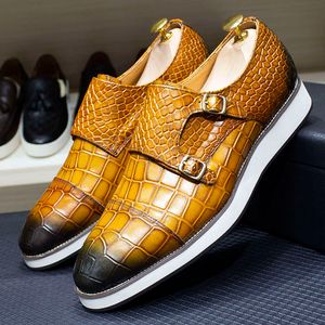 Clássico genuíno couro de vaca tênis masculino padrão crocodilo monge cinta fivela boné toe mocassins sapatos casuais planos negócios