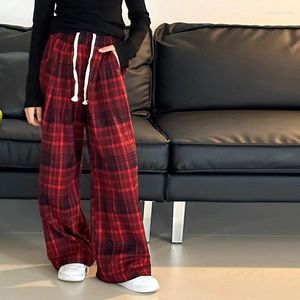 Trousers Girls Pants Vintage Red Plaid 2024 Fall Childrens American Style Spice Wide Leghigh Waist Straight Causal Long