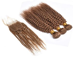 Brasilianska 27 Honey Blonde Human Hair Bundles 3 Bunds Kinky Curly Hair Weaves With 4x4 spetsstängning Mänskliga hårförlängningar8825872