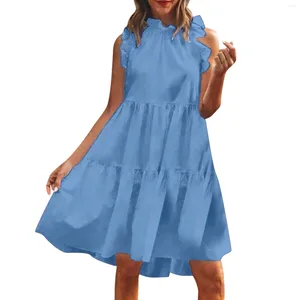 Casual Dresses 2024 Summer Plus Size Solid Dress Tiered Ruffle Flowy Bohemian Beach Sundress Vintage Elegant for Women Office Lady