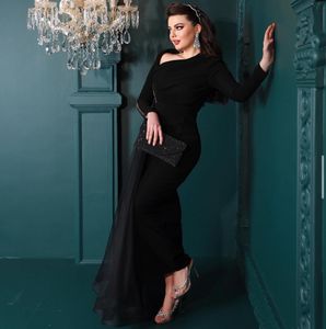 Classy Long Black Evening Dresses V Neck Spandex Full Sleeves with Split Mermaid Floor Length Custom Made for Women Party Gowns