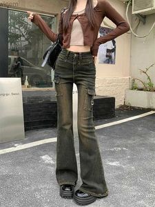 Womens Jeans Women Vintage High Waist Denim Cargo Pants Flare Gyaru Bell Bottom Dark Academia Kpop Grunge Y2k Japanese Streetwearl240105