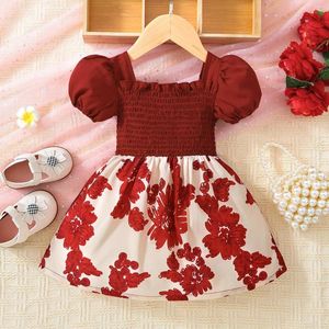 Flickklänningar Kid Baby Princess Summer Dress Puff Short Sleeve Square Neck Flower Printed Elegant Ruched A-Line For Girls 1-5T