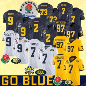 1000 Wins & Rose Bowl Patch Michigan Football Jersey 1 Roman Wilson Blake Corum JJ McCarthy Tom Brady Aidan Hutchinson Haskins Donovan Edwards Champions