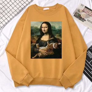 Women's Hoodies Sweatshirts Trend Simple Woman Sweatshirt Famous Painting Mona Lisa Hold Cat Creativity Print Hoodies Fleece Soft Pullovers Loose Warm Tops