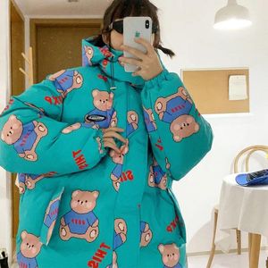 Parkas japonês bonito urso impressão algodão acolchoado casacos quentes engrossar solto parkas 2022 moda casual allmatch streetwear jaquetas de inverno