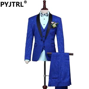 Блейзеры оптом (куртка + брюки + жилет) Новая мода Жених Свадебные костюмы-тройки жаккардового переплетения Королевский синий мужской костюм Брендовая одежда