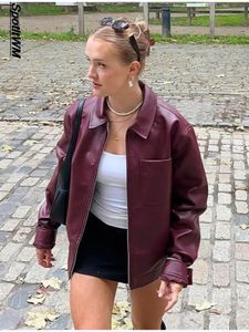 Vintage Women Zipper Pu Leather Jacket Coat Fashion Lapel Loose Long Sleeve Kort Autumn Motorcykel Outwear 240105