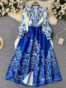 Autumn Vintage Flower Maxi Dress Women's Lantern Long Sleeve V Neck Single-Breasted A-Line Barock tryckta ruffles Robe Vestidos 240105