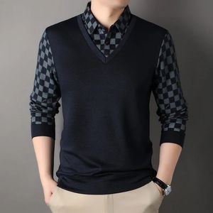 Vår- och höstens mäns pullover -knapp Kontrast Plaid Panel lång ärm thirt falska tvådelar Polo Bottom Fashion Casual Tops 240106