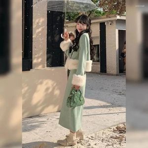 Arbetsklänningar miiiix kinesisk stil knapp upp ulljacka för kvinnors höst och vinter mode retro lång kjol tvådelar