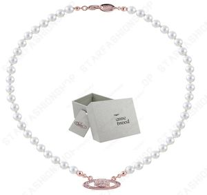 ntage Trendy Style Designer Saturn Necklaces Pearl Beaded Diamond Tennis Necklace Woman Silver Chains with Box7426751