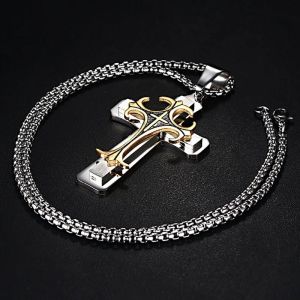 Stylish Mens Cross Necklaces, Waterproof 14K White Gold Catholicism Cross Pendant Collar, Prayer Religious Faith Jewelry