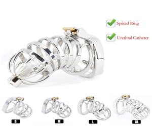 CBT Male Chastity Belt Device Stainless Steel Cock Cage Penis Ring Lock with Urethral Catheter Spiked Sex Toys For Men 2110136990213