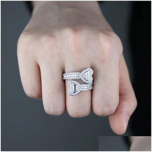 Band Rings Iced Out Open Heart Ring Paved Sparking Cz Adjusted Plated Gold Sier For Hip Hop Finger Jewelry Women Drop Delivery Dh1Js