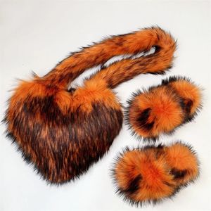 Fur Bucket Hat Love Bag Slippers Set Imitation Raccoon Fur Plush Shell Bag Home Slippers Bucket Hat 240106