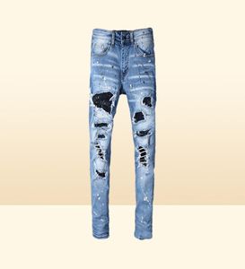 Klassisk tryckt broderdesigner Mens Jeans Motorcykelhål Luxury Denim Men039S Fashion Street Wear Men Designer Pants7281545
