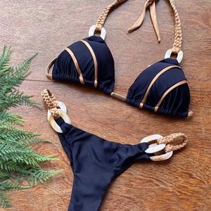 Weave triângulo maiô separado biquinis feminino duas peças terno anel sexy maiô natação halter micro swimwear 240105