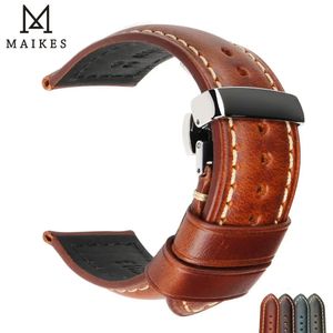 Maikes Handgjorda klockband 1824mm Blue Brown Women Men Farterfly Clasp äkta Leather Watch Band Rem Belt 20mm 240106
