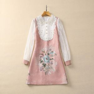 2024 Spring Pink Floral Print Beaded Jacquard Dress Long Sleeve Lapel Neck Panelled Short Casual Dresses S3D121214