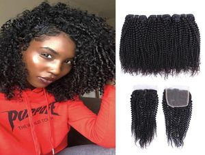 Afro Kinky Curly Hair Bundles z zamknięciem Brazylijskie dziewicze włosy 3 wiązki z koronkowym 4x4 1028 -calowym Remy Human Hair Extens9890687