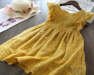 Kids lace fly sleeve dress INS new girls lace embroidery princess dress summer children back bow falbala party dress A58631252011