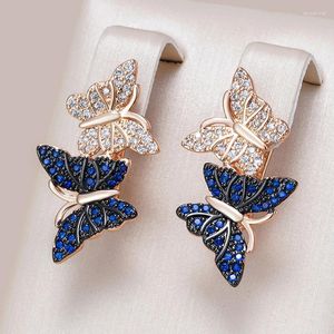 Dangle Earrings Kinel Blue Natural Zircon اثنان قطرة الفراشة للنساء 585 الذهب الوردي والطهيات السوداء المجوهرات الشرير اليومية