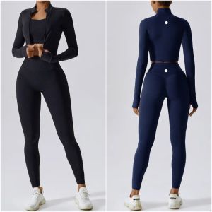 Lu Womens Yoga Outfit Three Pieces Suits Vest+pants+jackets Set Exercise Close-fitting Fitness Wear Running Elastic Workout Tracksuit