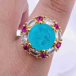 Bandringe 18K Gold plattiert Pave Ruby Color CZ Synthese Paraiba Turmalin Blumenhaufen Verlobungsring Blau Stein Ring Hochzeit Schmuck240105