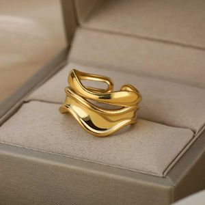 Band Rings Metal Curved Wave Rings For Women Stainless Steel Double Line Irregular Finger Ring Vintage Opening Adjustable Jewelry GiftL240105