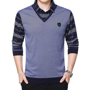 Sprężyna i jesień męski kołnierz Polo Solid Plaid Panel Button Pasek kontrast TSHIRT DŁUGO SKŁAD