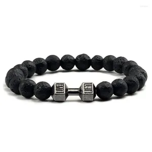 Bangle Natural Pedra Vulcânica Pulseira Homens Matte Black Bead Charme Dumbbell String Mulheres Barbell Fitness Jóias