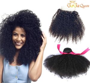 Brazylijskie Afro Kinky Curly Fair Bundles z zamknięciem nieprzetworzone afro perwersyjne z koronkowym 4x4 Brazylijskie ludzkie włosy Exten47557766