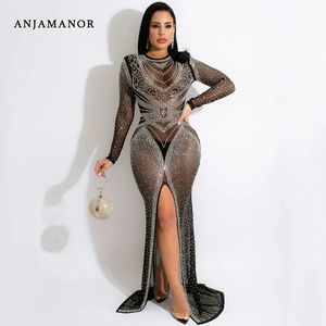Anjamanor kristal örgü uzun zarif gece elbiseler kadınlar için parti parıltı siyah şeffaf bodycon yarık elbise d42-he40 240105