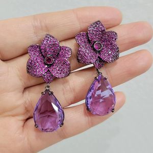 Brincos pendurados flor de luxo para mulheres na moda artesanal zircão roxo verde gota de água festa de casamento jóias presente esposa