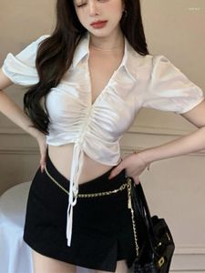 Women's Blouses Korean Fashion White Cropped Women Sexy Y2k Black Corset Top Female Streetwear Elegant Puff Short Sleeve Shirt