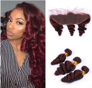 99J Burgundy فضفاضة عميق Wave Hush Hair Sefts 3 حزم مع 13 × 4 الدانتيل الأمامي البرازيلي على مدى حمراء النبيذ اللون 7791012