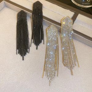 Brincos pendurados FYUAN Long Tassel Drop para mulheres cor dourada preto strass moda joias