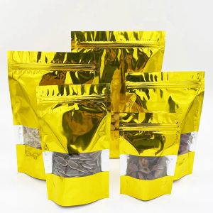 wholesale 100 pezzi Stand up Borsa con chiusura a zip per finestra in oro lucido richiudibile Termosaldatura dorata Zucchero Forniture per kitechen Caffè macinato Snack di mais ZZ