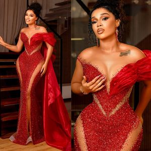 2024 Plus Size Aso Ebi Prom Dresses Red Sheer Neck Mermaid Illusion Evening Dresses Birthday Party Gowns Second Reception Gown High Split African Girls Outfit NL390
