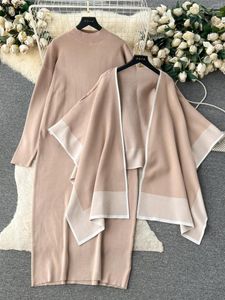 Work Dresses Autumn Winter Loose Cloak Cardigan 2 Piece Set Women Casual Long Sleeve Kintted Dress Outfits Office Lady Elegant Clothes Suit