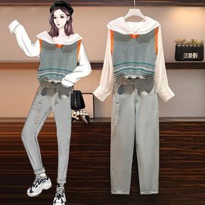 Women's Two Piece Pants Plus Size Women's 2024 Spring Fashion Western Style Slim Jeans Age Reduction Sweater Vest Shirt Three-piece Suit