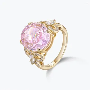 Klusterringar TKJ 925 Sterling Silver Pink Sparkle Zircon Gold Bow Three Stone Engagement Ring Cocktail Party Jewelry