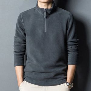 Autumn Winter Men Double-sided Fleece Business T-Shirt Zipper Stand Collar Pullover Fashion Casual Long Sleeve Solid Warm Tops 240106