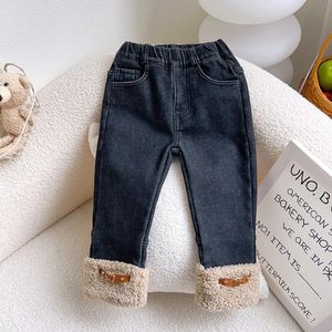 Outono inverno crianças menina calça algodão velo quente grosso bebê jeans solto sólido remendado outwear calças da criança 240106