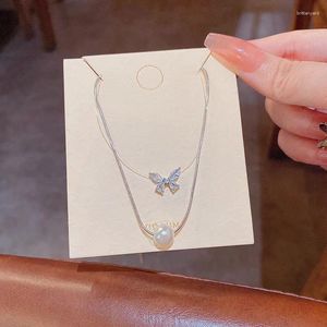 Pendant Necklaces Jewelry Luxurious Luxury Small Number High Design Exquisite Zircon Butterfly Necklace Two Women's Dresses Pearl Collarbone