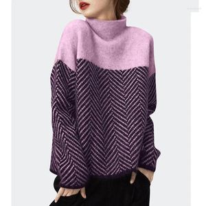Suéteres femininos 2024 inverno meia gola alta malha grossa vintage listrado pulôver suéter mulher moda casual jumper solto tops 29979