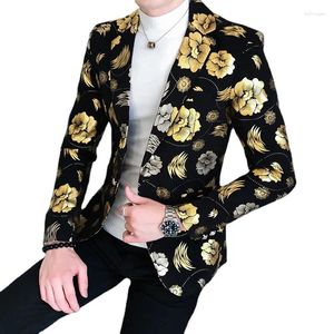 Mäns kostymer män gyllene blommor tryck blazers 2024 Autumn Formal Dress Tuxedo Casual Slim Fit Suit Jacket / Högkvalitativ modekläder