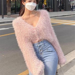 Malhas femininas fuzzy malha macia sexy dee decote em v camisola curta primavera moda preto branco rosa vison cashmere cardigan manga longa solta topos